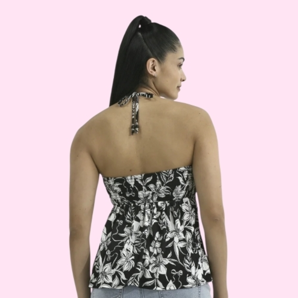 Black & White Floral Convertable Halter Top - Picture 3 of 3